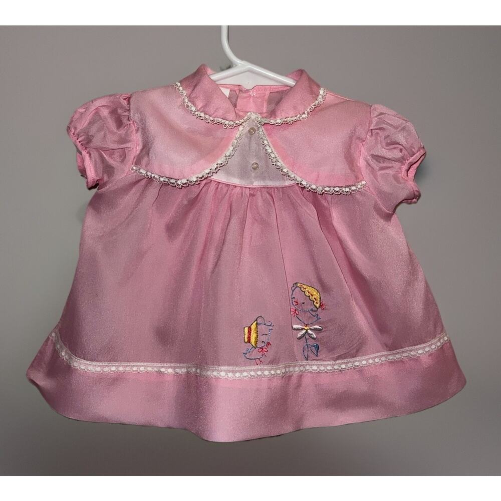 VTG 1970s Baby Girl Pink Nylon Dress Cute Embroidered Chicks Lace Trim 6–9 M